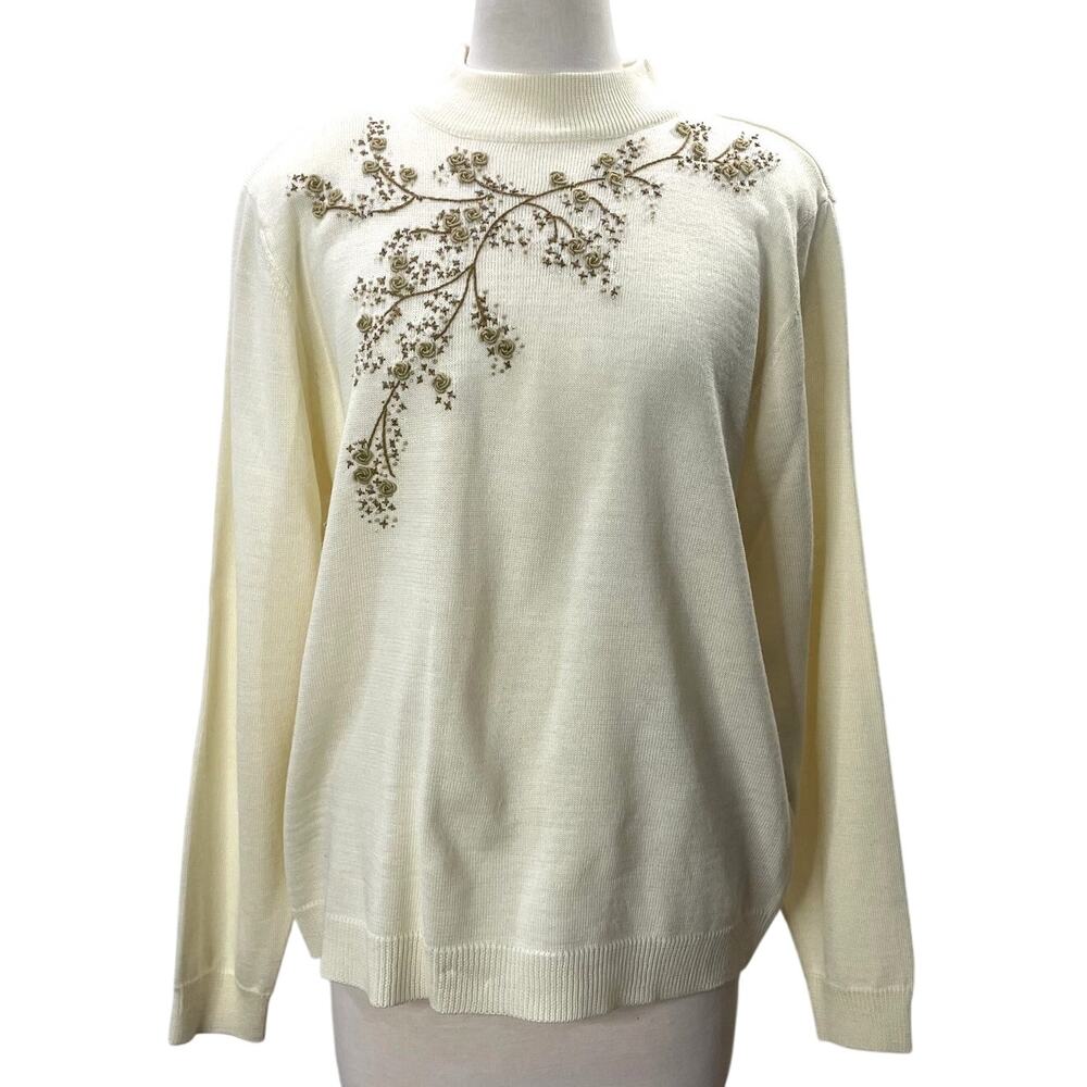 Draper & Damons Size L Sweater 80s Embroidered Rosette Beaded Cottage Granny